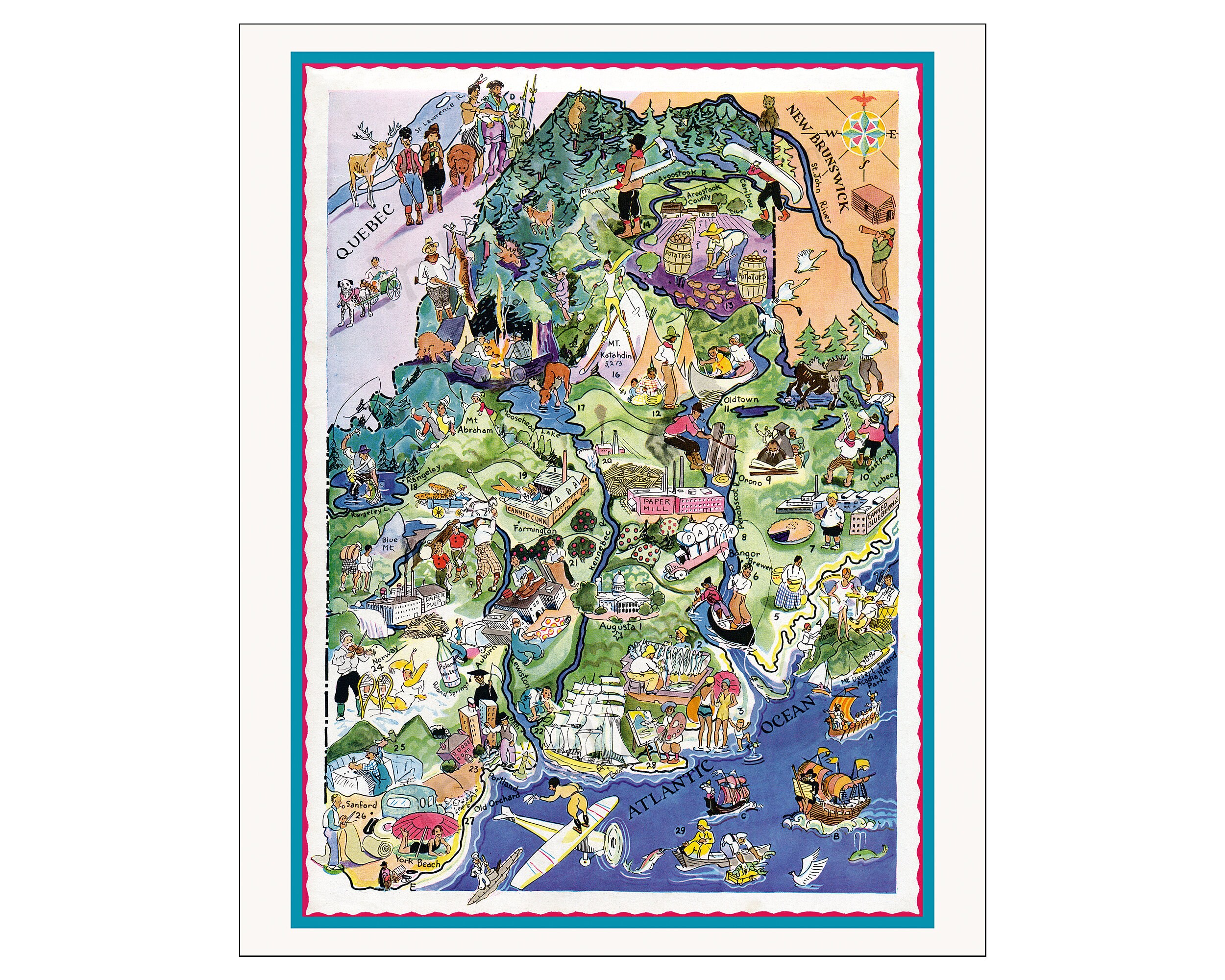 Fun State Map of Maine – Digital Download PRINTABLE Vintage Pictorial ...