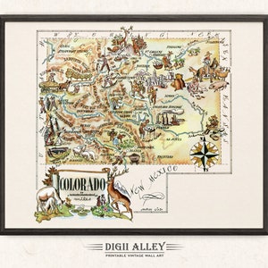 Fun State Map of Colorado – Digital Download PRINTABLE Vintage Pictorial Wall Art Décor Whimsical Cartoon Illustration