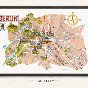 ドイツ、Deutschland、DEのベルリンの楽しい地図 - デジタルダウンロード印刷可能なヴィンテージ壁アート装飾カラフルなイラストアドベンチャー
