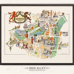 Leuke kaart van Westminster in Groot-Brittannië, Engeland, VK – Digitale download AFDRUKBARE vintage oude muurkunst decor illustratie avontuur