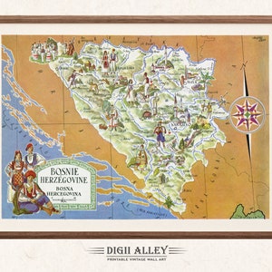 Alte Karte von Bosnien-Herzegowina - digitaler Download DRUCKBARE Vintage Spaß bildhafte Illustration Wand Kunst Dekor Reise Abenteuer Karte