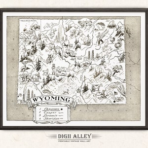 Carte illustrée de l'État du Wyoming - Décoration vintage amusante, vintage et imprimable, Art mural ancien, Illustration de dessin animé lunatique