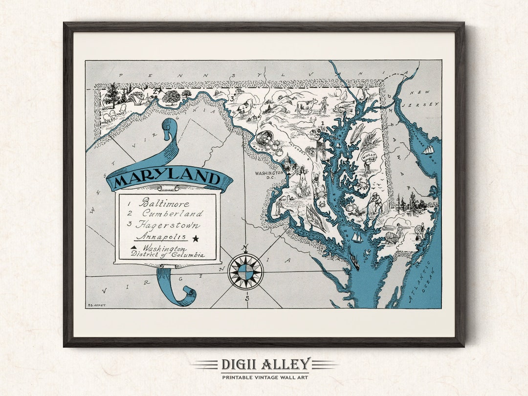 Pictorial Map of Maryland – Digital Download PRINTABLE Vintage Fun Old Wall Art Décor Whimsical ...