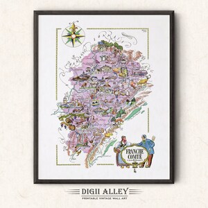 Mapa divertido del Franco Condado, provincia francesa, Francia – Descarga digital, ilustración pictórica vintage imprimible, arte mural de aventura, regalo