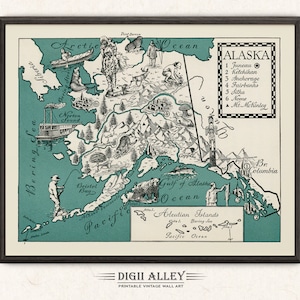 Carte amusante de l'Alaska - téléchargement numérique imprimable vintage picturale murale art déco dessin animé lunatique vieille illustration géographie voyage