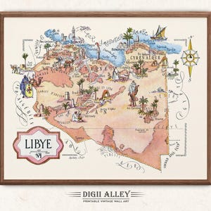 北アフリカのリビアの楽しい地図 - デジタルダウンロード可能 印刷可能なヴィンテージの絵入り古いイラスト アフリカの壁アートギフト 旅行 冒険地図