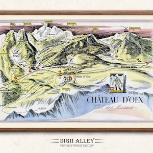 Fun Ski Loipe Karte von Chateau Doex in der Schweiz - digitaler Download DRUCKBARE Vintage bildliche Illustration Schweizer Alpen