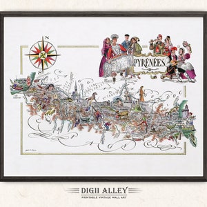 Divertente mappa dei Pirenei, una provincia francese, Francia – Download digitale STAMPABILE Illustrazione pittorica vintage Avventura Decorazione murale