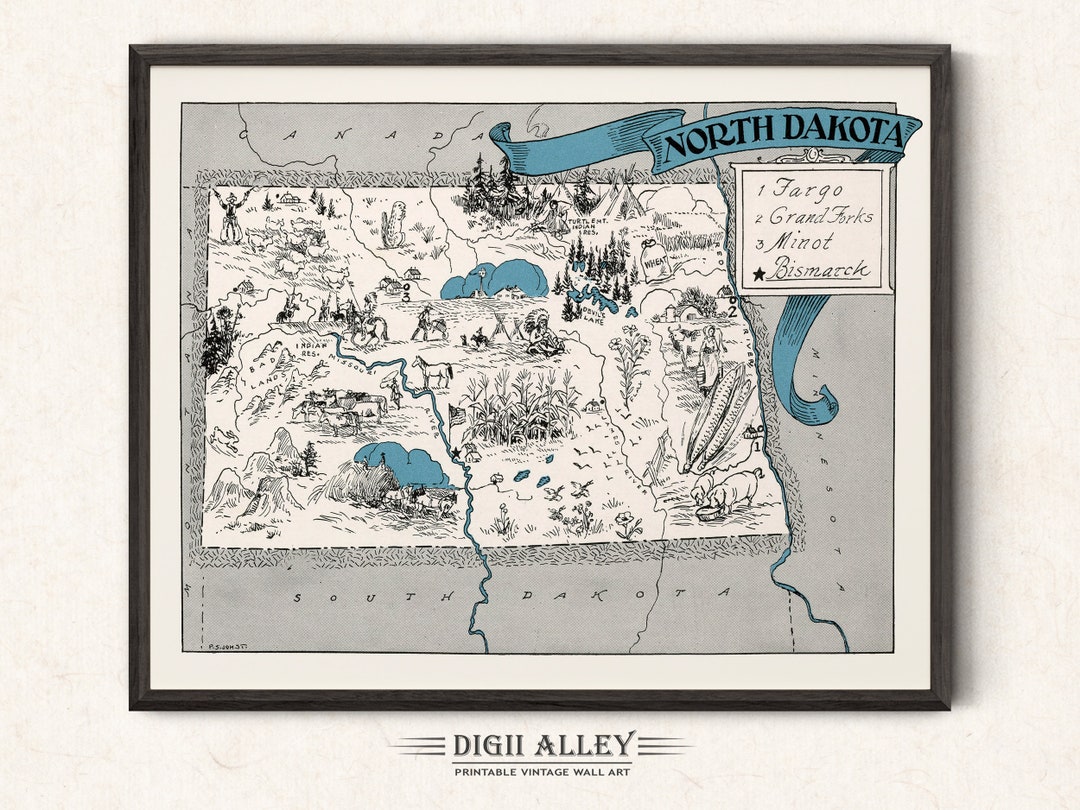 Pictorial Map of North Dakota – Digital Download PRINTABLE Vintage Fun ...