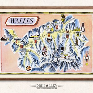 Fun Ski Loipe Karte von Wallis in der Schweiz - Digital Download DRUCKBARE Vintage bildliche Illustration Schweizer Alpen Ski Run