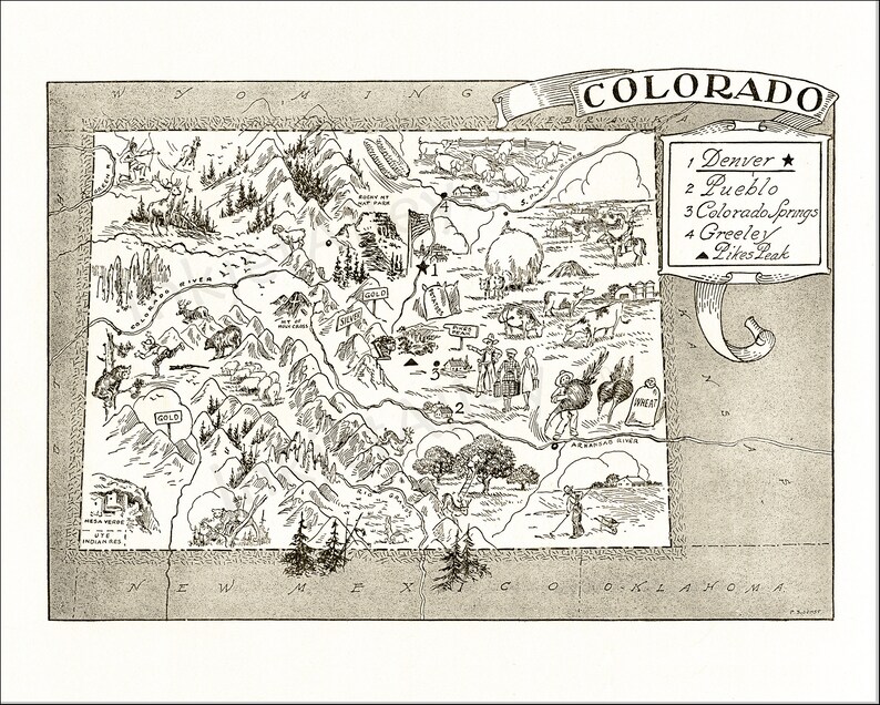 Pictorial State Map of Colorado – Digital Download PRINTABLE Vintage ...