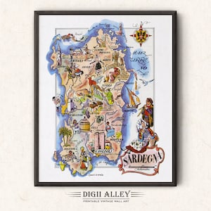 Carte amusante de l'Italie, Sardaigne, Sardaigne - Téléchargement numérique, Illustration ancienne picturale, vintage, imprimable, art mural italien, cadeau, carte de voyage et d'aventure