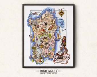 Mapa divertido de Italia, Cerdeña, Cerdeña - Descarga digital, imprimible, ilustración pictórica vintage, arte mural italiano, regalo, mapa de aventuras de viaje.