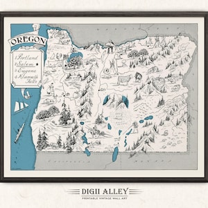 Mapa pictórico de Oregón: descarga digital imprimible, divertido arte de pared antiguo vintage, ilustración de dibujos animados caprichosos, regalo.