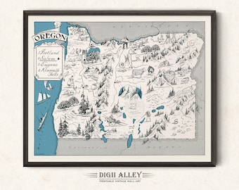 May include: A vintage illustrated map of Oregon with a black frame. The map features a blue outline of the state with black and white illustrations of landmarks and cities. The text "Oregon" is in a banner at the top of the map. The text "Portland, Salem, Eugene, Klamath Falls" is listed on the left side of the map.