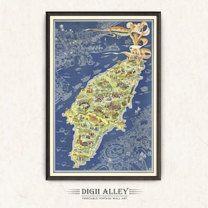 Alte Landkarte von Rhodos, der Roseninsel in Griechenland - Digital Download DRUCKBARE Vintage bildliche Illustration Wand Kunst Dekor Reise Abenteuer