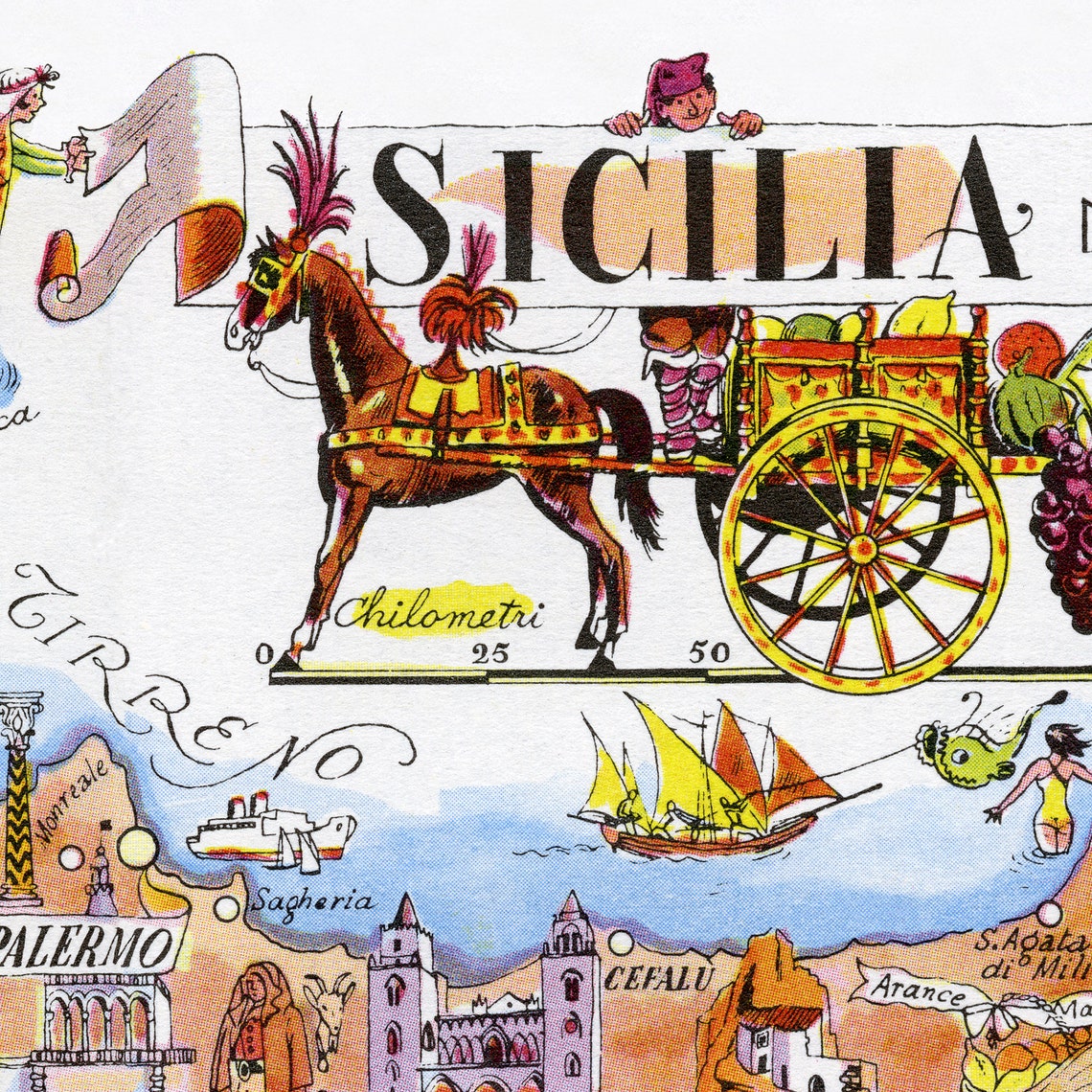 Fun Map of Italy Sicily Sicilia Digital Download PRINTABLE Vintage Pictorial Old Illustration ...