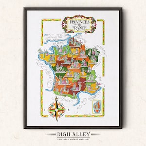 "Spaß Landkarte der ""Provincs de France"" französischen Provinzen - digitaler Download DRUCKBARE Vintage bildliche Illustration Abenteuer Wand-Kunst-Dekor."