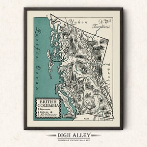 Karte von British Columbia, Kanada - digitaler Download DRUCKBARE Spaß Vintage bildliche Wand Kunst Dekor wunderliche Cartoon Illustration Geschenk