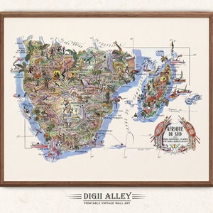 Mapa divertido de Sudáfrica: descarga digital, imprimible, ilustración pictórica vintage, arte mural africano, regalo, mapa de viajes y aventuras.