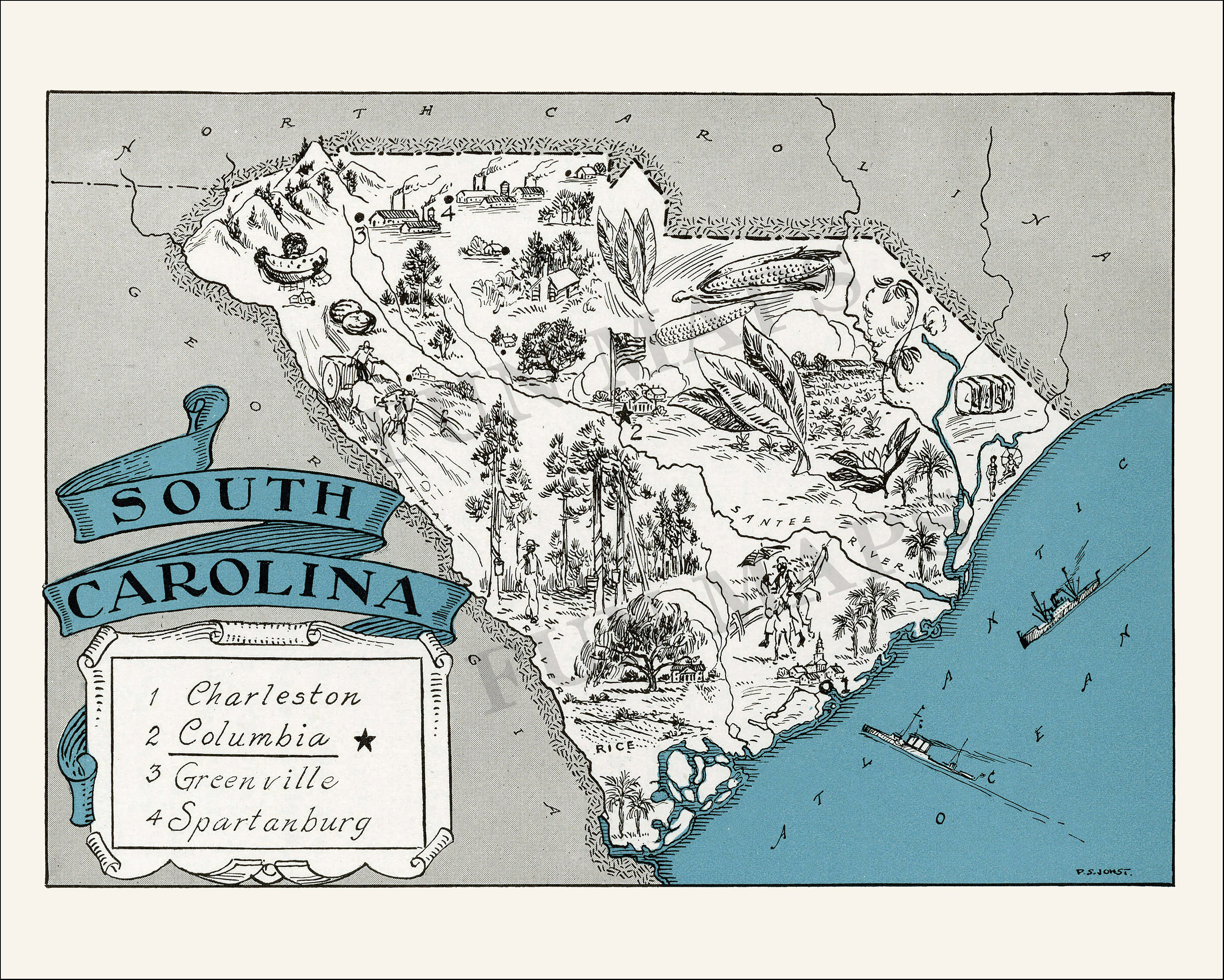 Pictorial Map of South Carolina – Digital Download PRINTABLE Vintage ...