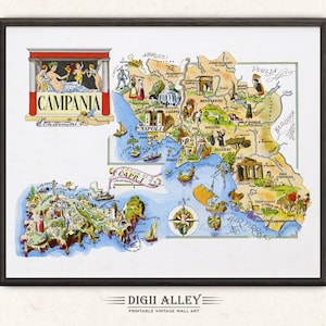 Fun Map of Italy Campania – Digital Download PRINTABLE Vintage Pictorial Old Illustration Italian Wall Art Gift Travel Adventure Map