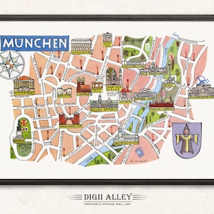 ドイツ、Deutschland、DEのミュンヘンの楽しい地図 - デジタルダウンロード印刷可能なヴィンテージ壁アート装飾カラフルなイラストアドベンチャー