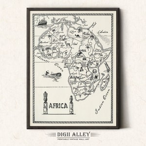 アフリカの地図 - デジタルダウンロード印刷可能ヴィンテージの絵画的な楽しい古い印刷物イラスト写真地図壁アート装飾ポスター地理旅行