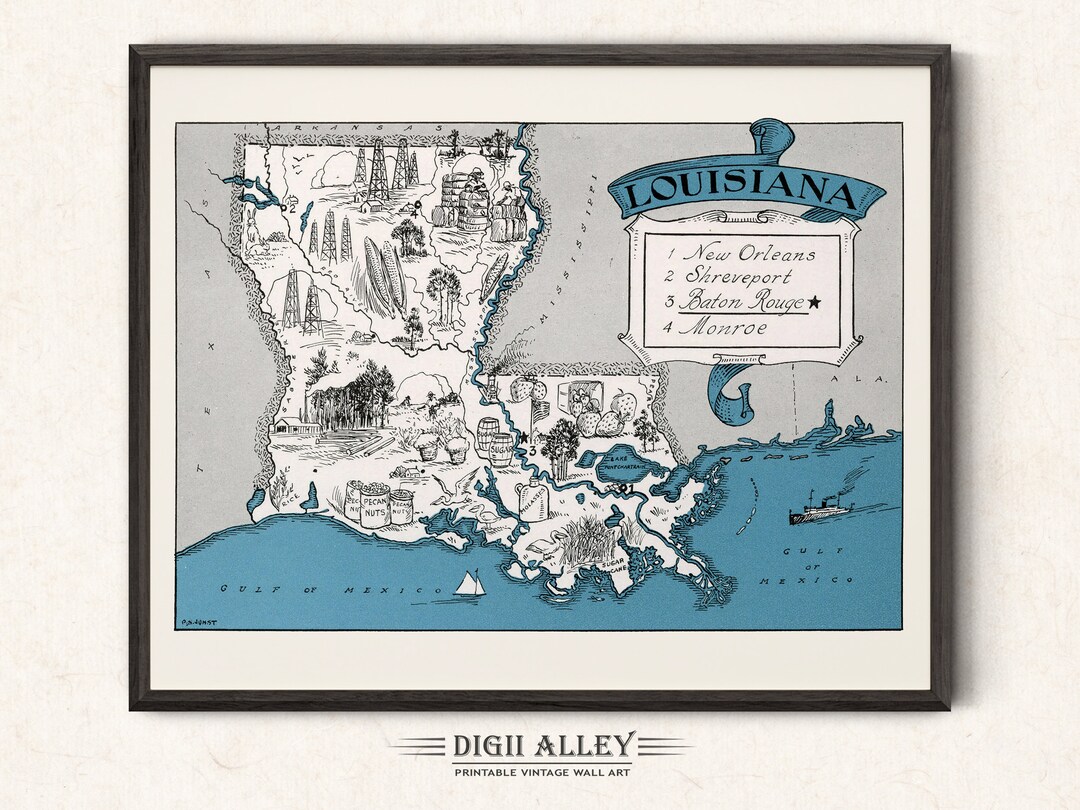 Pictorial Map of Louisiana – Digital Download PRINTABLE Vintage Fun Old ...