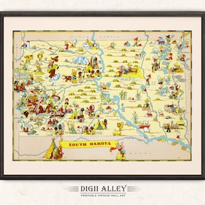 Carte amusante de l'état du Dakota du Sud - téléchargement numérique, imprimable, vintage, picturale, vieille, illustration, aventure, mur, art, décoration, dessin animé