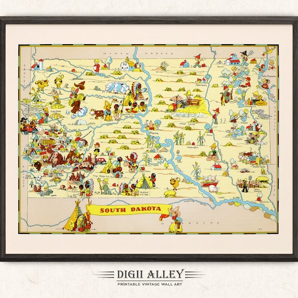 Fun State Map of South Dakota – Digital Download PRINTABLE Vintage Pictorial Old Illustration 1930’s by Ruth Taylor Wall Art Décor Cartoon
