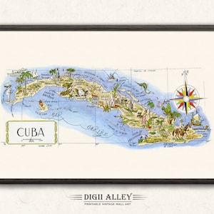 Fun Map of Cuba in the Caribbean – Digital Download PRINTABLE Vintage Wall Art Décor Whimsical Cartoon Illustration Adventure