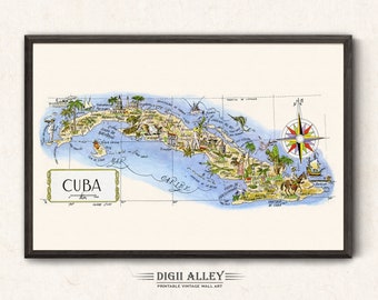 Fun Map of Cuba in the Caribbean – Digital Download PRINTABLE Vintage Wall Art Décor Whimsical Cartoon Illustration 1940’s by Liozu