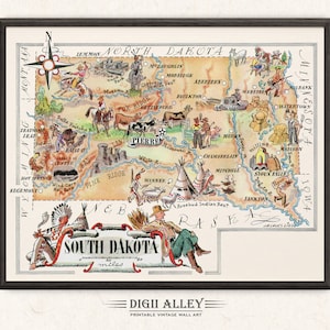 Divertente mappa dello stato del Dakota del Sud – Download digitale STAMPABILE Decorazione murale artistica vintage pittorica Illustrazione di cartoni animati stravaganti