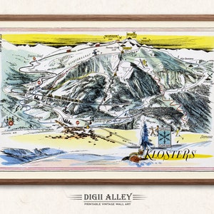 Fun Ski Loipe Karte von Klosters in der Schweiz - digitaler Download DRUCKBARE Vintage bildliche Illustration Schweizer Alpen Reisen