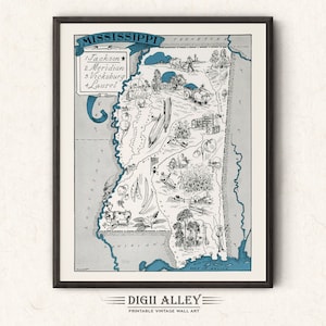 Pictorial Map of Mississippi – Digital Download PRINTABLE Vintage Fun Old Wall Art Décor Whimsical Cartoon Illustration Gift