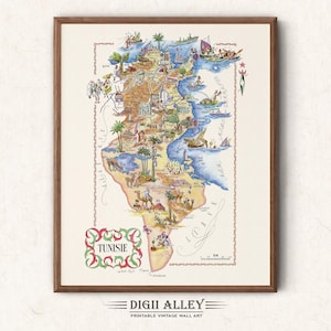 Mapa divertido de Túnez, África del Norte: descarga digital, imprimible, ilustración pictórica vintage, arte mural africano, regalo, mapa de aventuras de viaje.
