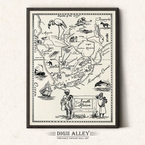 Mapa de Sudáfrica - Descarga digital IMPRIMIBLE Impresión pictórica antigua Ilustración Imagen Mapa Arte de pared Decoración Póster Geografía Viajes