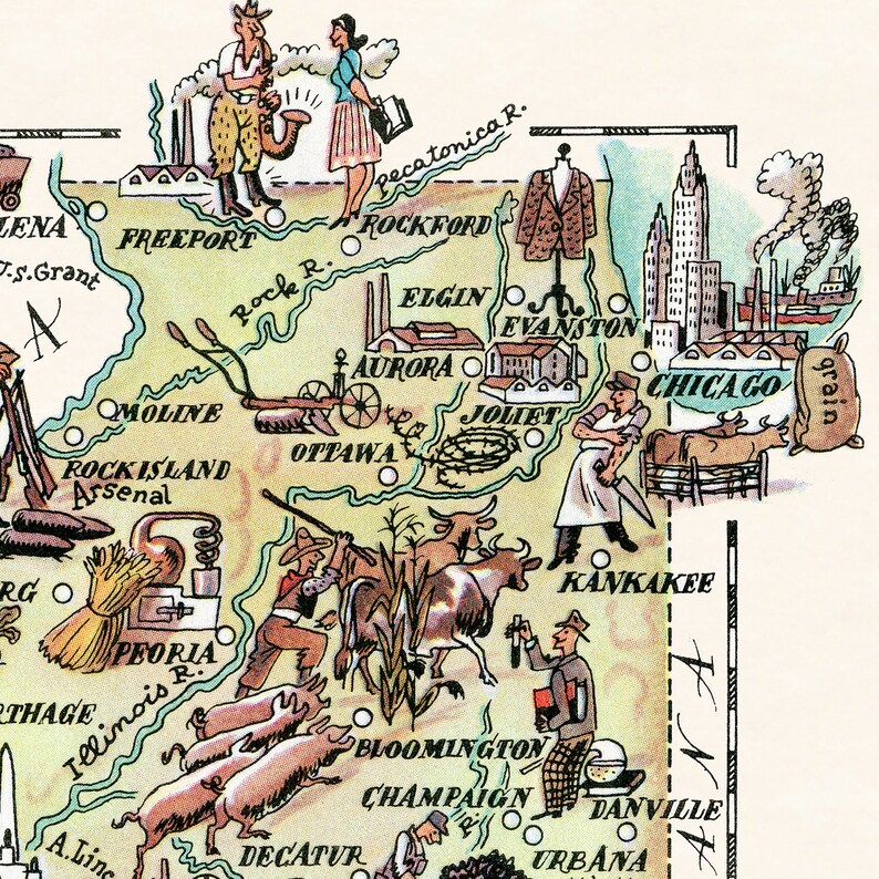 Fun State Map of Illinois Digital Download PRINTABLE Vintage Pictorial ...