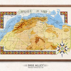 Fun Map of North Africa – Digital Download PRINTABLE Vintage Pictorial Old Illustration by Liozu African Wall Art Gift Travel Adventure Map