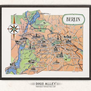 ドイツ、Deutschland、DEのベルリンの楽しい街路地図 - デジタルダウンロード印刷可能なヴィンテージ壁アート装飾イラストアドベンチャー