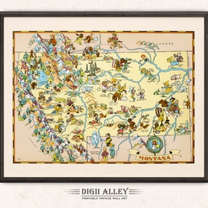 Fun State Karte von Montana - digitaler Download DRUCKBARE Vintage bildliche alte Illustration Abenteuer Wand Kunst Dekor Cartoon Geschenk
