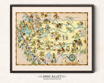Fun State Map of Montana – Digital Download PRINTABLE Vintage Pictorial Old Illustration 1930’s by Ruth Taylor Wall Art Décor Cartoon Gift