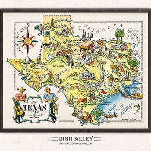 Carte de l'État du Texas amusante - Décoration murale picturale vintage imprimable imprimable en téléchargement numérique Illustration de dessin animé lunatique