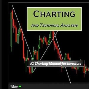 May include: A black and green chart with red lines and a green volume bar at the bottom. The chart has the title "CHARTING AND TECHNICAL ANALYSIS" and the text "#1 Charting Manual for Investors" and "BY FRED MCALLEN".