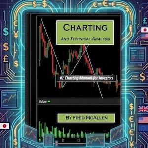 May include: A book cover titled "CHARTING AND TECHNICAL ANALYSIS" with the text "#1 Charting Manual for Investors." The cover is set within a digital circuit design, featuring currency symbols and a bull graphic, with measurements in cm.