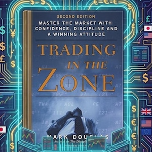 Puede incluir: Portada del libro "Trading in the Zone" de Mark Douglas. La portada presenta un diseño azul y dorado con gráficos financieros, símbolos de divisas y un gráfico de toro. El título del libro se muestra de forma destacada.