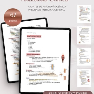 Peut inclure: Deux tablettes numériques affichant des notes d'étude d'anatomie. Les tablettes affichent le titre "Anatomía Clínica" et le texte "APUNTES DE ANATOMÍA CLÍNICA PREGRADO MEDICINA GENERAL". Un graphique circulaire indique "67 páginas". Des pages supplémentaires sont visibles à droite. La bannière inférieure indique "GUÍA DE ESTUDIO DIGITAL".