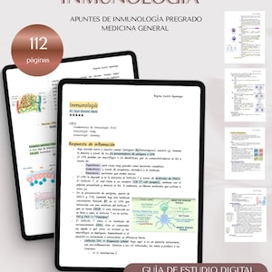 Może przedstawiać: Cyfrowy przewodnik do nauki immunologii w formacie PDF. Obraz przedstawia tablet z notatkami z immunologii, z tytułem "INMUNOLOGÍA" na górze. Przewodnik ma 112 stron i obiecuje jasne i łatwe do zrozumienia informacje.