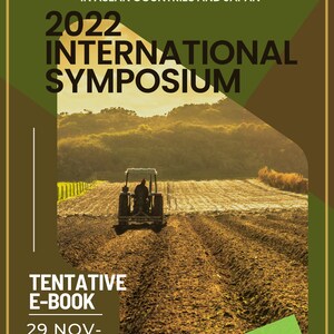 May include: Poster for the 2022 International Symposium on Agriculture Waste Utilization Towards Sustainable Development in ASEAN Countries and Japan. The image shows a tractor plowing a field at sunset. Text includes the event title, dates, and "Tentative E-Book."